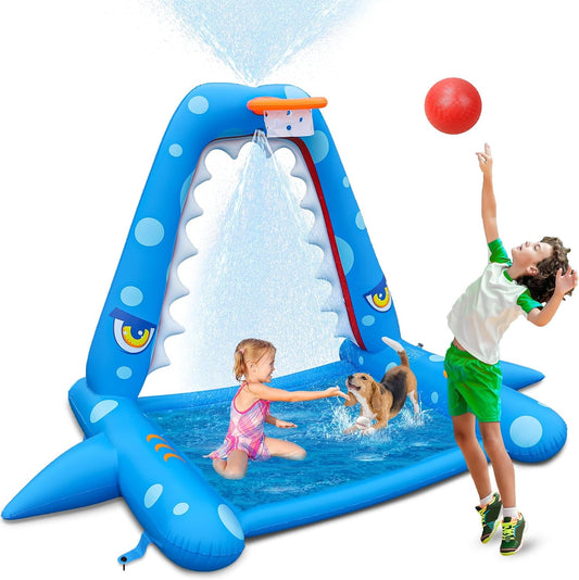 JOSEN Sprinkler for Kids Outdoor Play, Giant Inflatable Shark Water Toys Splash Pad with Basketball Hoop, Fun Sprinkler Summer Outdoor Game for 3-8 Years Old Children Boys Girls Gift